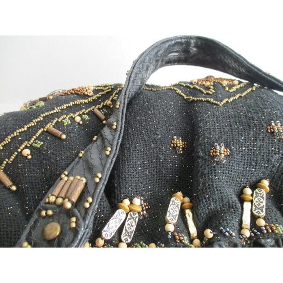 *Mary Frances Vintage Brown Beaded Satchel Tulip Motif Seed and Wooden Beads - Picture 9 of 14